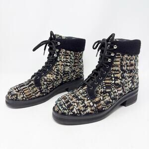 Chanel Tweed Lace Up Combat Ankle Boots 40